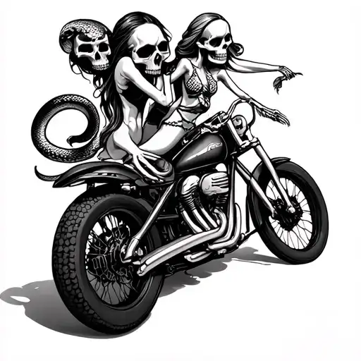 Skull With Snake And Women On Motorbike With Skeleton Hands
