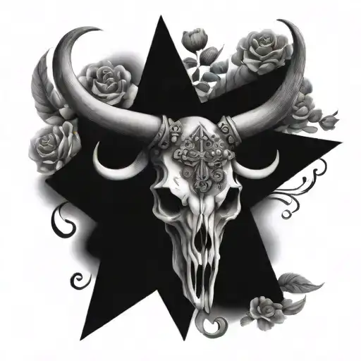 Long Horn Skull With Cross And Flowers