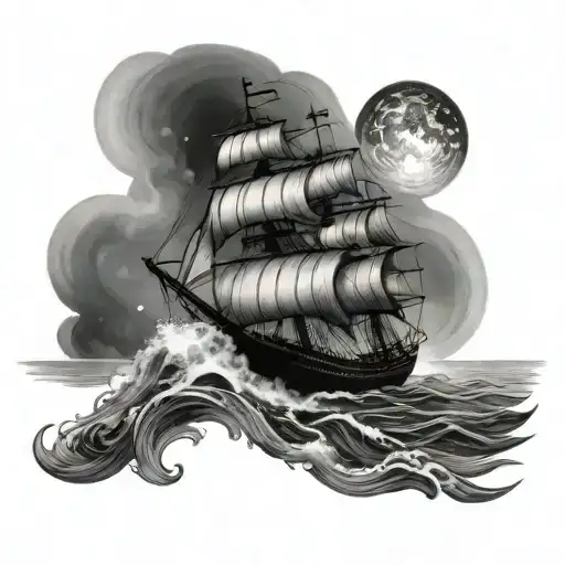 Old Ship In Ocean With Nothern Lights In Sky Above