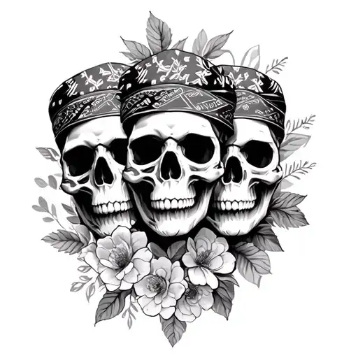 Three Wise Skulls With Bandanas And Floral Background
