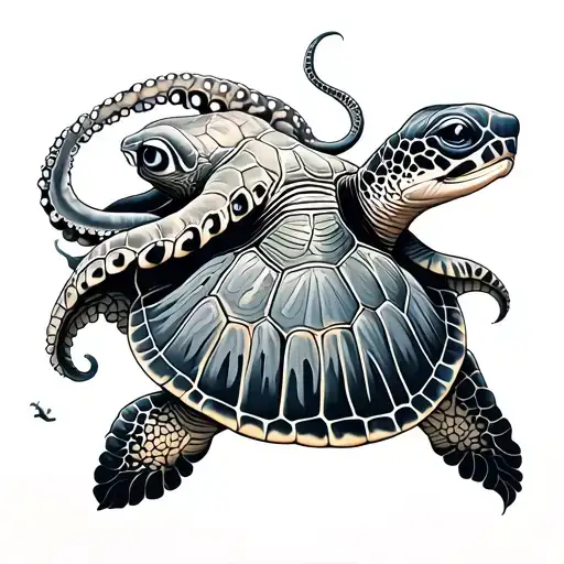 Sea Turtle And Octopus On Shoulder In The Ocean