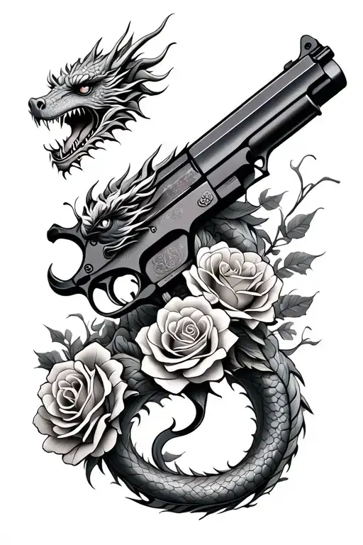 Japanese Style Dragon Wrapped Around A Gun With Roses