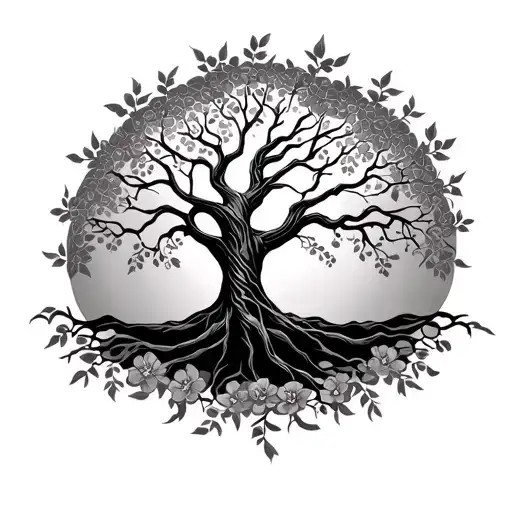 Tree Of Life Tattoo Featuring Floral Patterns Branching Out Across Upper Back