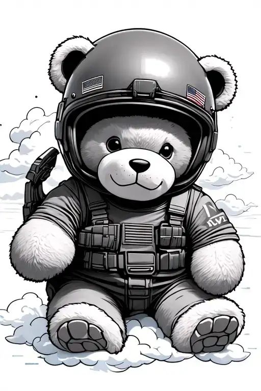 Teddy Bear Wearing Top Gun Helmet Fighter Surrounded By Clouds