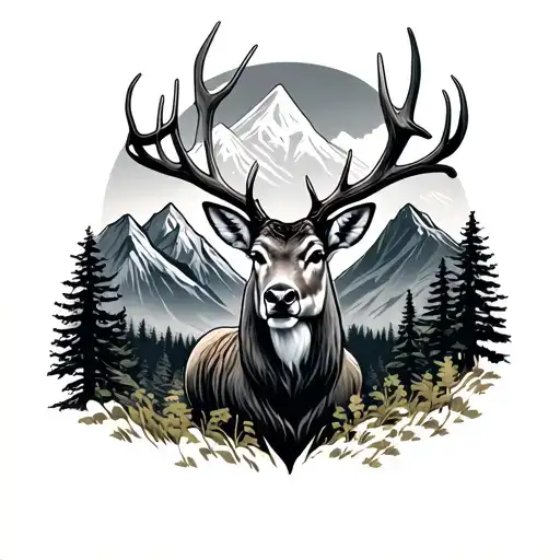 Male Deer With Mountains