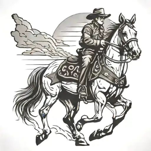 Sherriff On Horse Slowly Walking Toward Sunset Sky