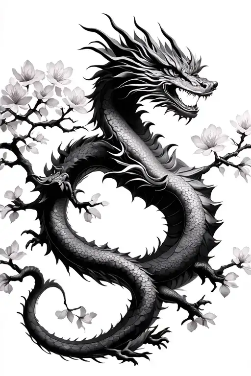 Chinese Earth Dragon Wrapped Around Cherry Blossom Tree