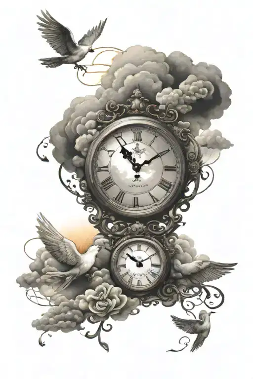 Tattoo Of Cloud In The Sky With A Clock And Doves With Sunset
