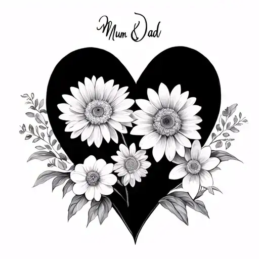 2 Hearts With Mum And Dad Writen Inside The Hears With Chrysanthemum And Daffidol Flowers