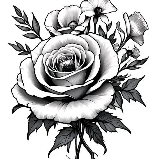 Rose Poppy Iris And Narcissus Flower Bouquet Tattoo Generator