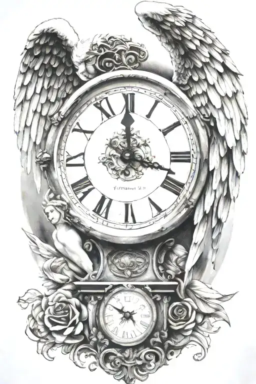 An Angel And Behind It A Clock With Roman Numerals