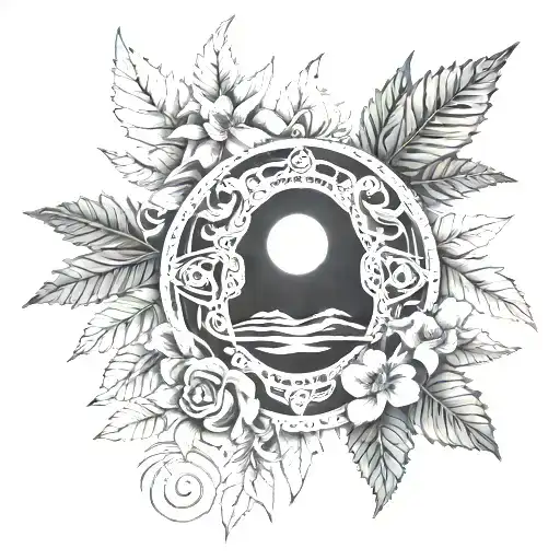 A Serene Landscape With A Peaceful Mind Symbol And Cannabis Flowers Blooming