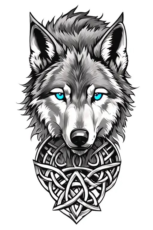 Wolf With Blue Eyes On Armor Tattoo Design Featuring Celtic Trinity Knot