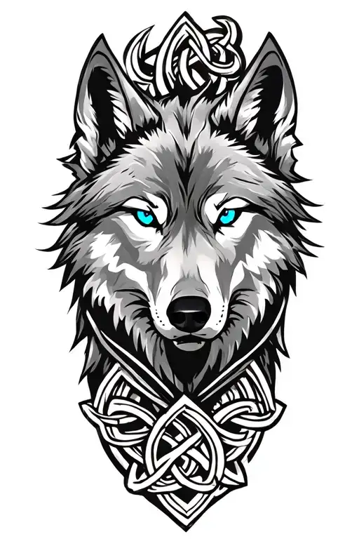 Wolf With Blue Eyes On Armor Tattoo Design Featuring Celtic Trinity Knot