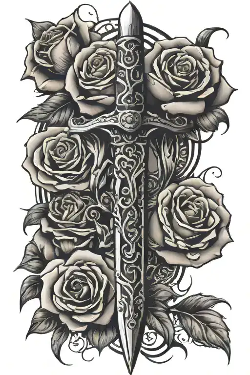 Tribal Dagger Wrapped By Roses Growing