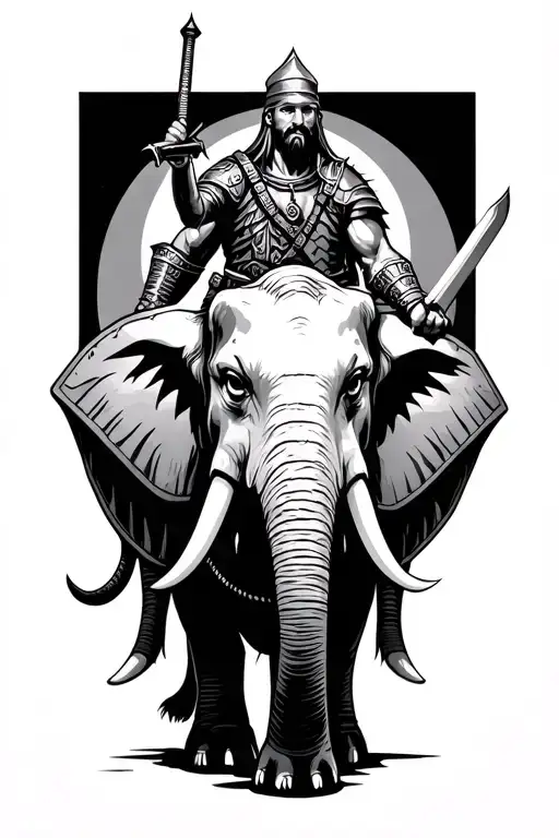 Warrior With 2 Hand Holding A Shield And Sword Riding A Elephant