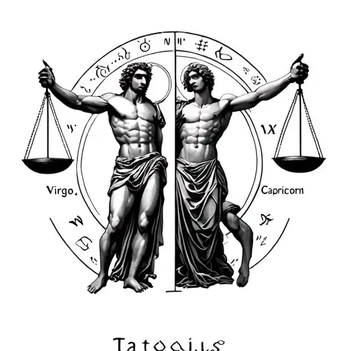 Libra As A Man Holding Up A Virgo On One Side And Taurus And Capricorn On The Other Side