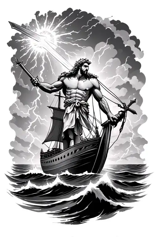 Zeus Holding A Sword Throwing Lighting At A Sailboat With Lighting And Sunrays Coming Down