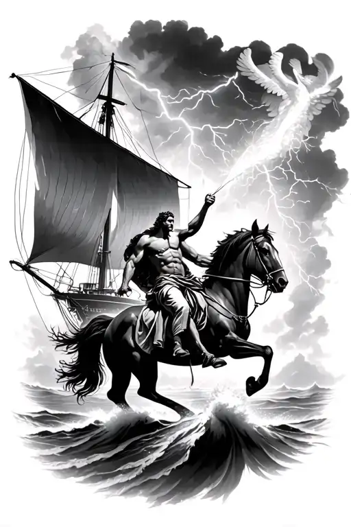 Zeus Riding A Horse With Angel Wings Throwing Lighting At A Sailboat