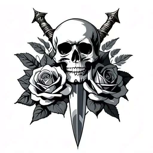Skull And Roses With Dagger Intertwined