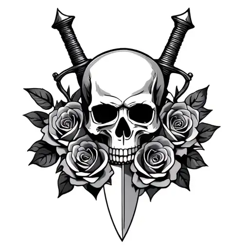 Skull And Roses With Dagger Intertwined