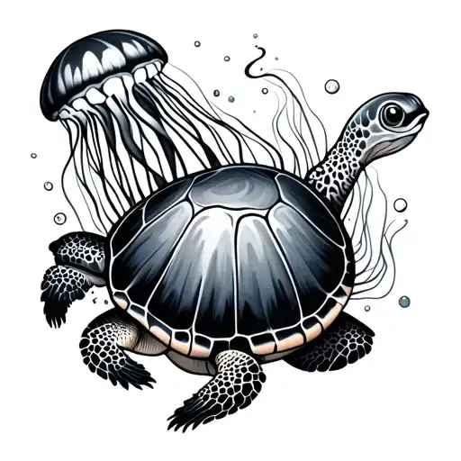 Jellyfish And Turtle Swimming Gracefully