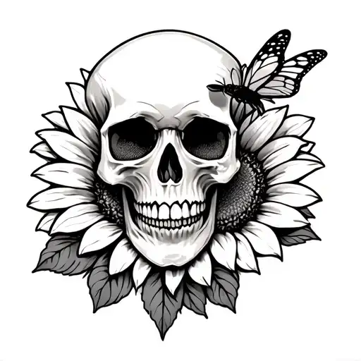 Skull And Sunflower And Butter Fly