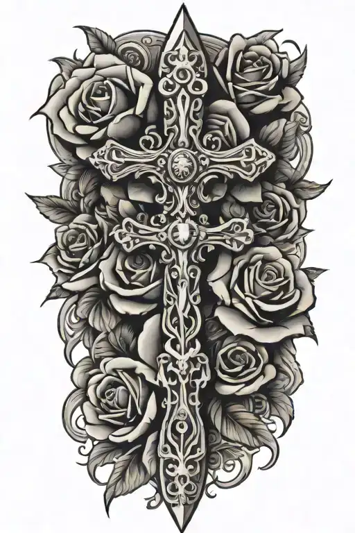 Tribal Dagger Covered With Roses And A Cross Surrounded