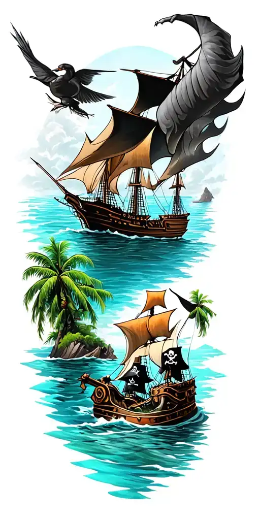 Full Sleeve With Pirates And A Lagoon Looking Down Perspective