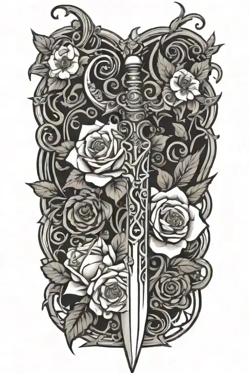 Tribal Dagger Covered With Vines And Roses