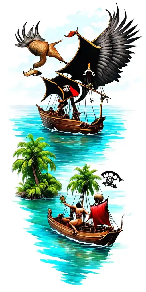 Full Sleeve With Pirates And A Lagoon Looking Down Perspective With Mermaids In The Water