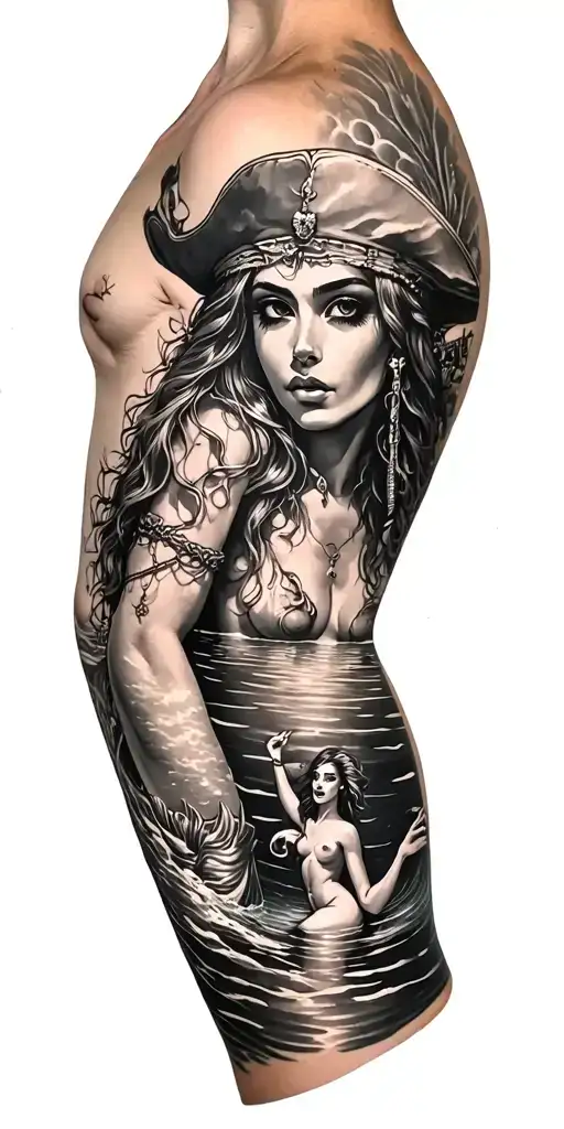 Full Sleeve With Pirates And A Lagoon Looking Down Perspective With Mermaids In The Water