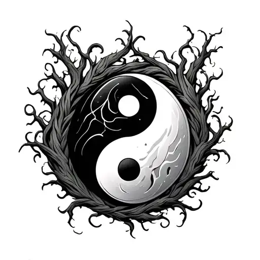 Ying And Yang Symbol With Thick Vines Around And Over It