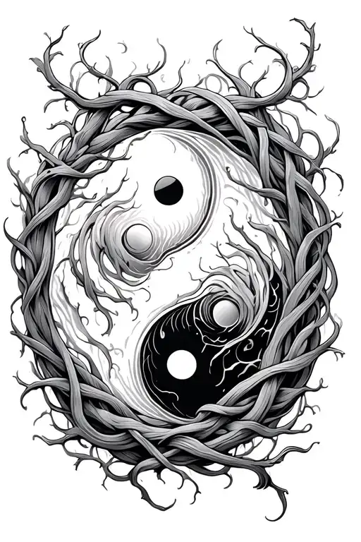 Ying And Yang Symbol With Thick Vines Around And Over It