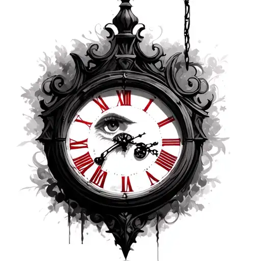 A Grandfather Clock With And Eye As The Face Of The Clock With Red Roman Numerals As Numbers