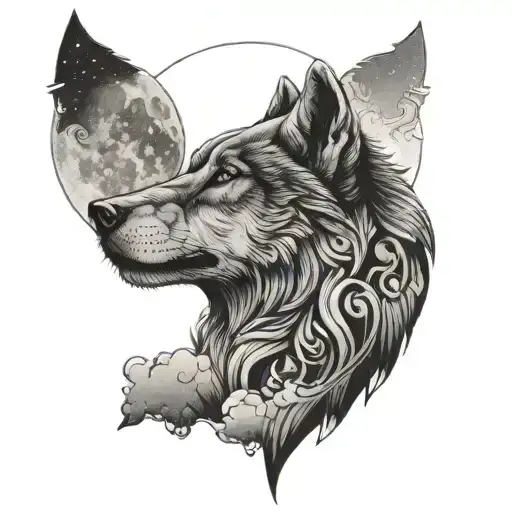 Omega Symbol And Wolf Howling At The Moon