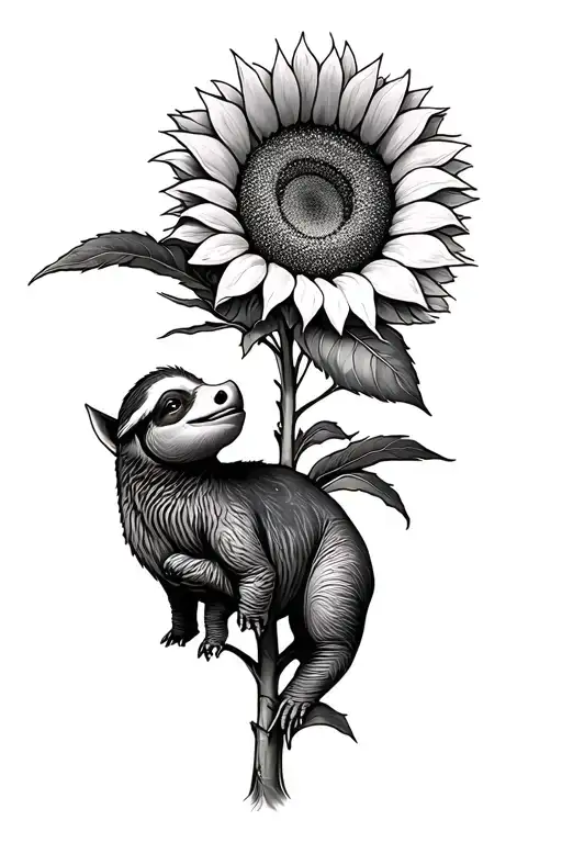 Sunflower With A Sloth Haning From It And A Triceratops Looking Up At The Sloth