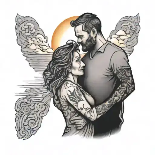 Father And Mother Holding Their 2 Son And Sunset In The Background