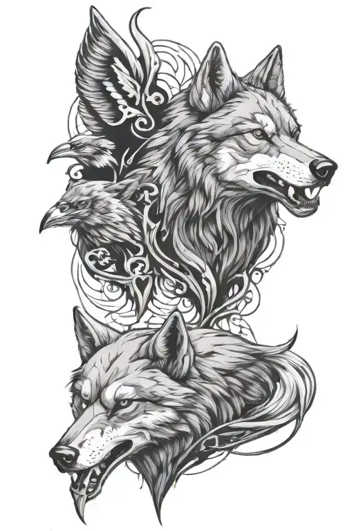 Vicious Wolf With 2 Ravens