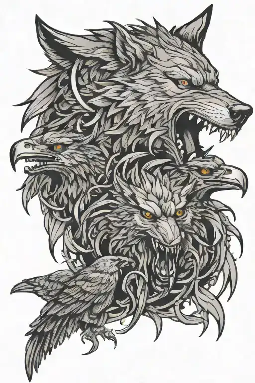 Snarling Wolf With 2 Ravens Huginn And Muninn