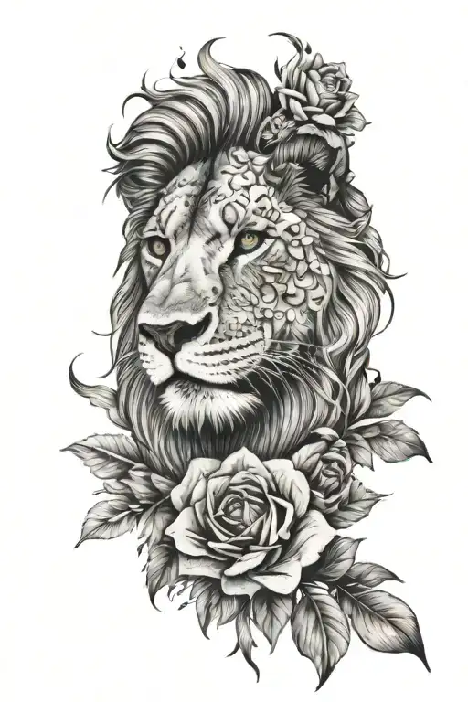 Half Of A Lion Face With Half Of A Flower Bouquet