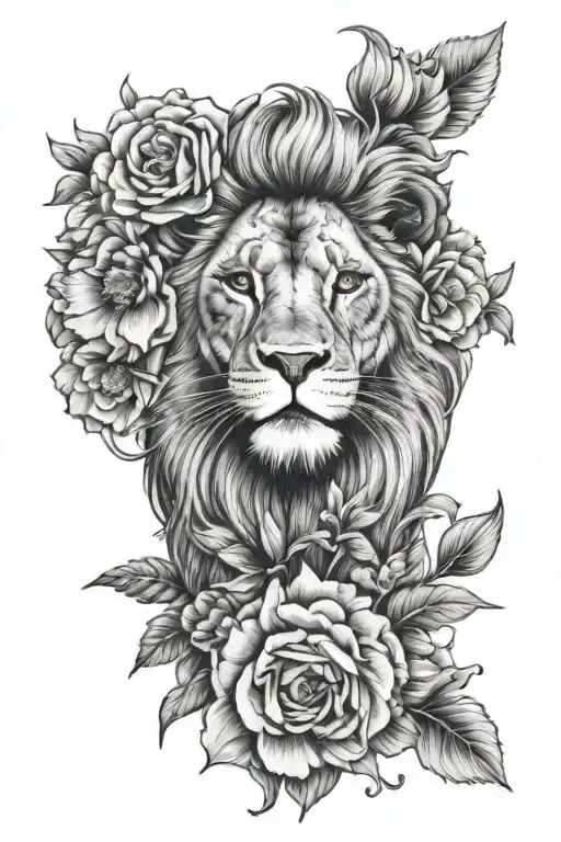 Half Of A Lion Face With Half Of A Flower Bouquet