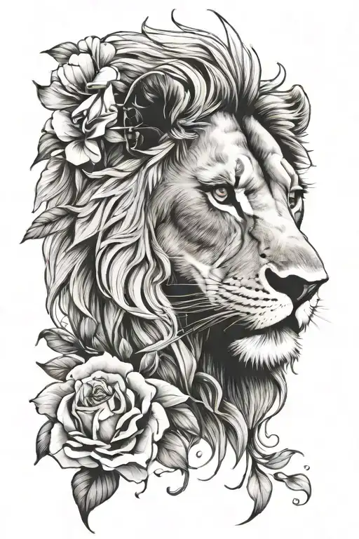 Half Of A Lion Face With Half Of A Flower Blooming
