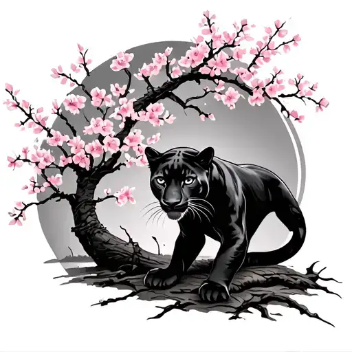 Panther Scratching Down Arm With Cherry Blossom Tree