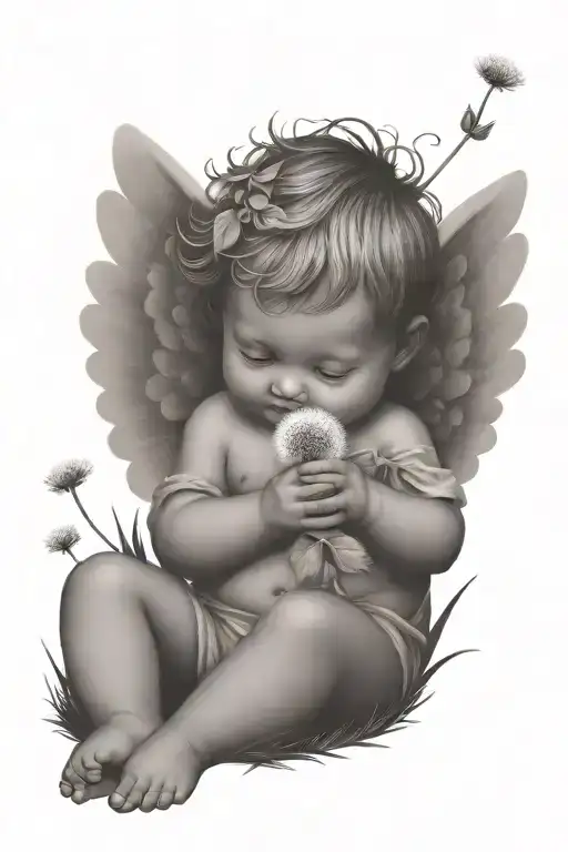 Cute Cherub Holding A Dandelion Flower And The Cherub Is Sitting In A Field Of Flowers