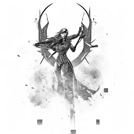 A Woman Holding A Gun And Chains Around Her Forearm