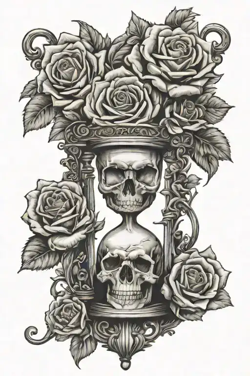 Hour Glass With Skull At The Bottom And Roses Growing Out Of The Top