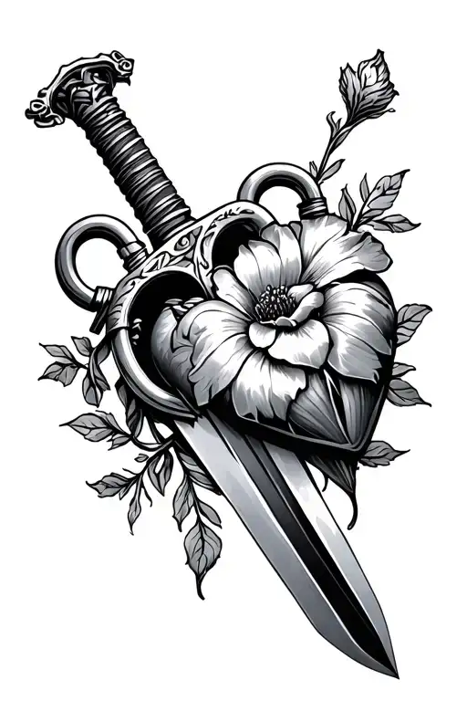 Sword Going Stright Down Protecting The Heart Lock With A Flower Behind Sword