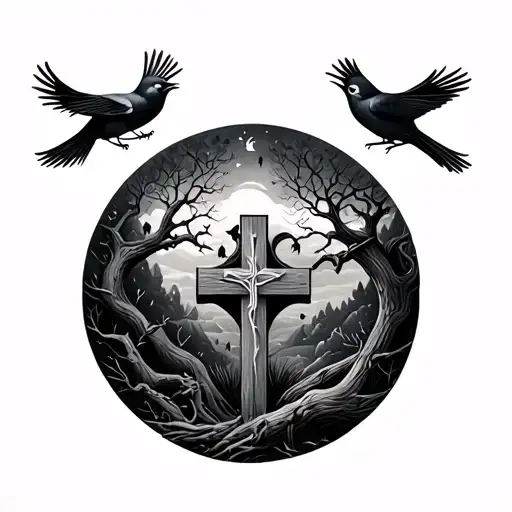 Tree With Cross Hitten In It With Five Birds