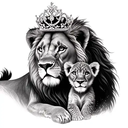 Lion And Its Cub With Cub Wearing Tiara